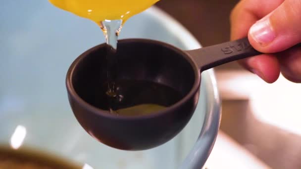 Chef Pouring Oil Table Spoon Slow Motion — Vídeo de Stock