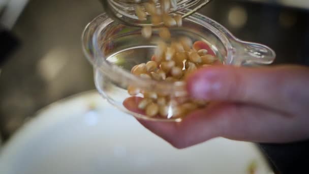 Pouring Popcorn Kernels Bowl — Vídeo de Stock