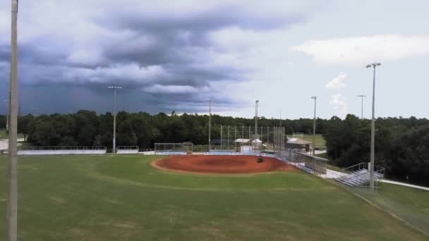 Arial View Preparation Ballpark Man Riding Rake Equipment — Vídeo de stock