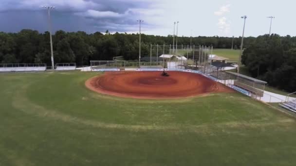 Areal View Man Raking Infield Ballpark Stadium — Stockvideo