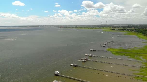 Aerial Drone Footage Coastal Pleasant South Carolina Ravenel Bridge Background — Video