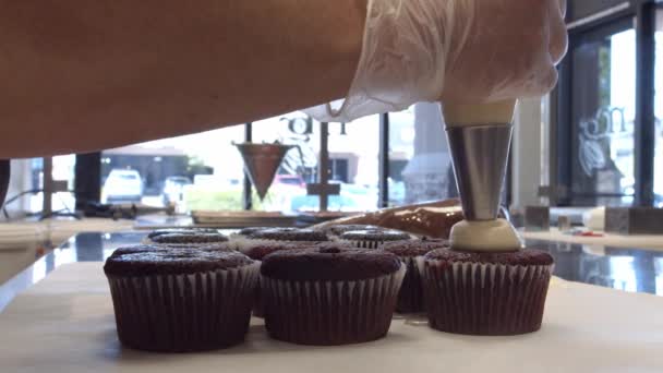 Chef Piping Cupcakes Bakery Day Time — Vídeo de Stock