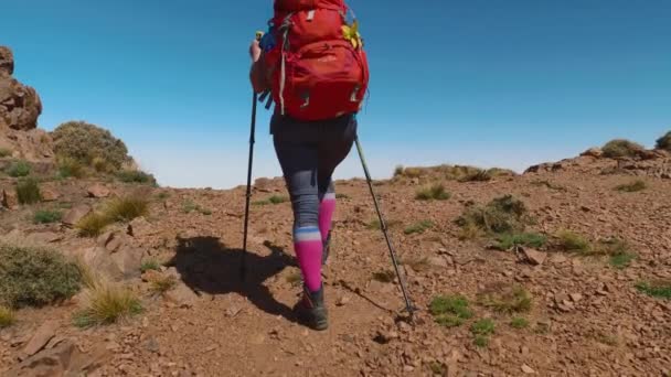 Tourist Backpacker Girl Walking Mountain Ridge High Atlas Slow Motion — Vídeos de Stock