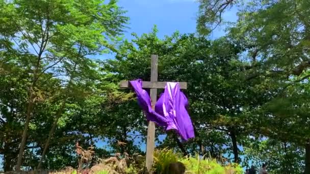 Footage Wooden Cross Purple Cloth Swinging Wind Surrounded Forest Blue — Wideo stockowe