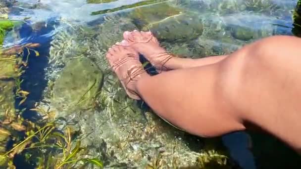 Ladies Feet Soak Lake Small Fish Swimming Stone Clear Water — 图库视频影像