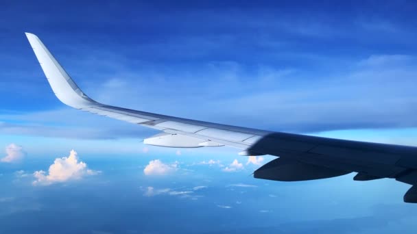Кадри Літаючого Літака Блакитне Хмарне Небо Показує Ліве Крило — стокове відео