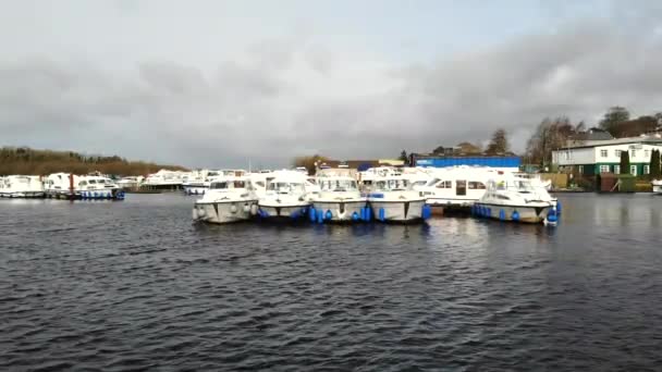 Aerial Lake Jetty Many Boat Yatch Small Town Ireland Europe — Stockvideo