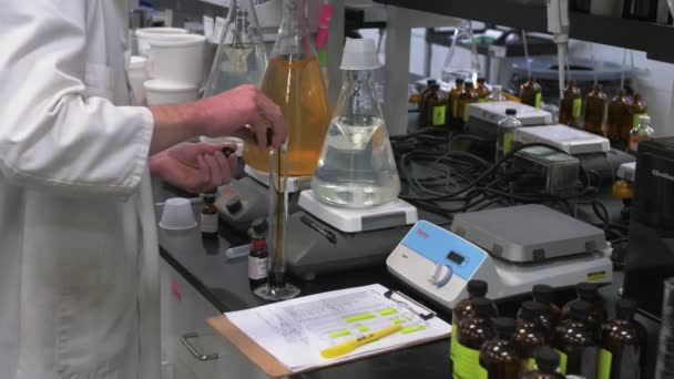 Scientist Lab Coat Mixing Chemicals Glass Bottle Lab — Stock Video