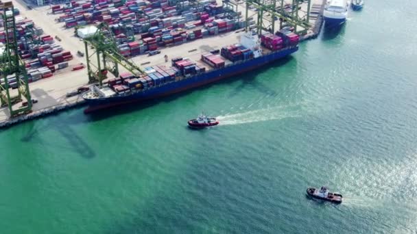 Aerial Footage Boats Approaching Commercial Port Terminal Singapore — Stockvideo