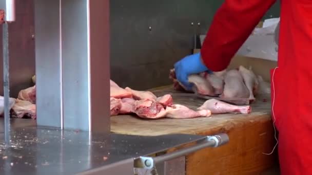 Butcher Cutting Raw Beef Meat Pieces Slices Using Big Knife — Vídeo de stock