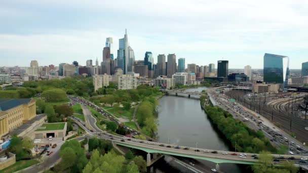 Drone Aerial Pan Left Philadelphia City Skyline Showing Comcast Technology — Video