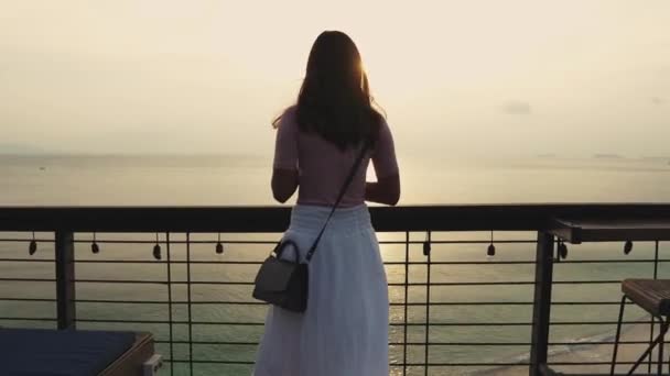 Girl Rooftop Cafe Drinking Shake Enjoying Sunset Sea View — Vídeo de Stock