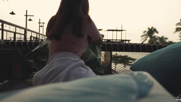 Girl Lie Hammock Enjoying Sunset — Stockvideo