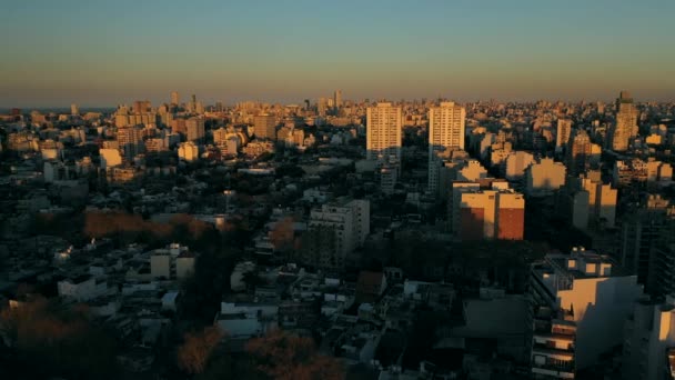 Drone Sunset City Golden Hour Buildings Towers Foward Movement Slow — Video