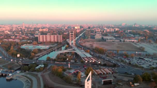 Bridge Construction Aerial Sunset Traffic Bucharest Romania — Vídeo de Stock