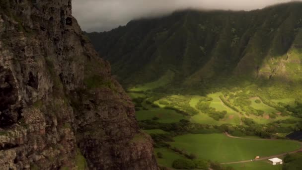 Drone Aerial Cliffside Reveal Kualoa Ranch Oahu Hawaii – stockvideo