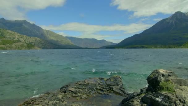 Turquoise Rough Waters Windy Day Emerald Lake Epuyen Patagonia Argentina — Stockvideo