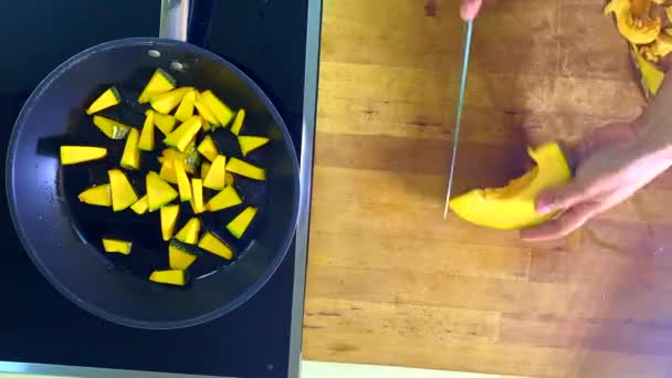 Time Lapse Asian Kind Young Pumpkin Being Cut Slice Saute — Video