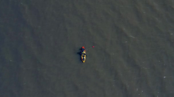 Man Canoe Fishing Food Calm Waters Aerial Slow Movement Top — Stock video