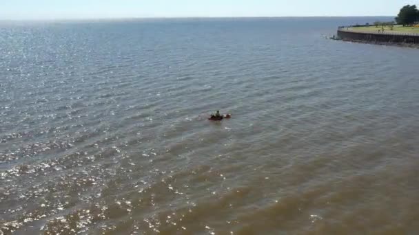 Man Canoe Fishing Food Calm Waters Aerial Slow Movement Top — Video