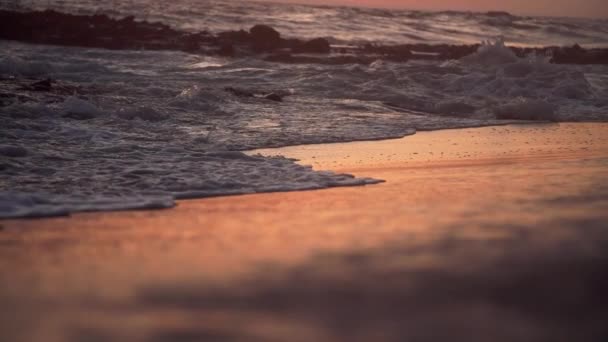 Slow Motion Wave Coming Beach Sunset California Camera Pan — Stockvideo