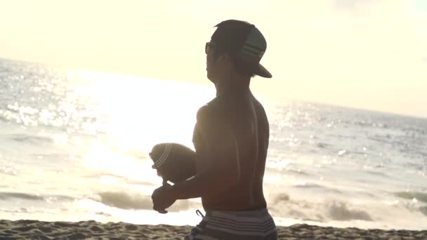 Kid Running Football Slow Motion Beach Sunset California — Stockvideo