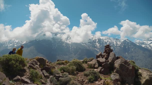 Happy Hikers Give High Five Reaching Summit Toubkal Massif View — Stock video