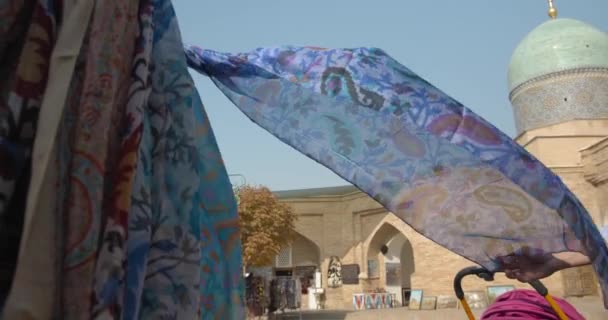 Flying Silk Scarf Muslim Religious Complex Mausoleum Hazrati Imam Tashkent — Stock Video