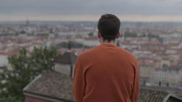 Young Man Sitting Front Beautiful View City Lyon France — 图库视频影像