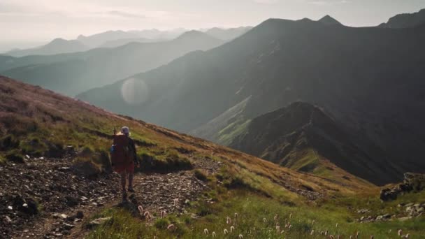 Tourist Backpacker Descending Valley Sunrise High Tatras — kuvapankkivideo