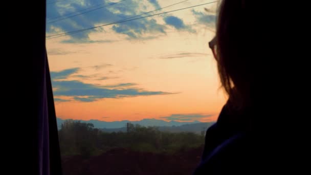 Girl Watching Sunrise Caucasus Mountains While Traveling Marshrutka Bus Georgia — Wideo stockowe