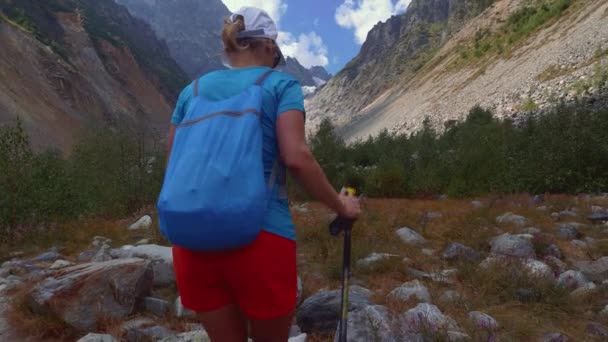 Tourist Girl Hike Glacier Caucasus Mountains Georgia — Video Stock