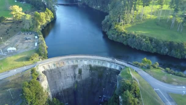 Aerial Drone Shot Dam Blue Water Green Trees White Birds — Stockvideo