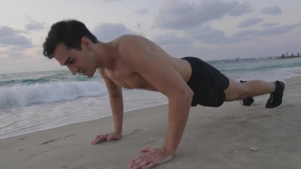 Handsome Young Male Doing Push Exercise Beach — Wideo stockowe