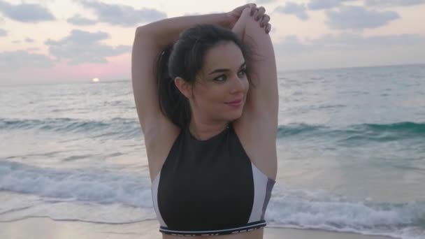 Attractive Brunette Female Training Beach Sunset — Video