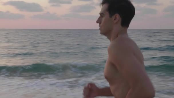 Handsome Athletic Man Running Beach Sunset — Stock Video