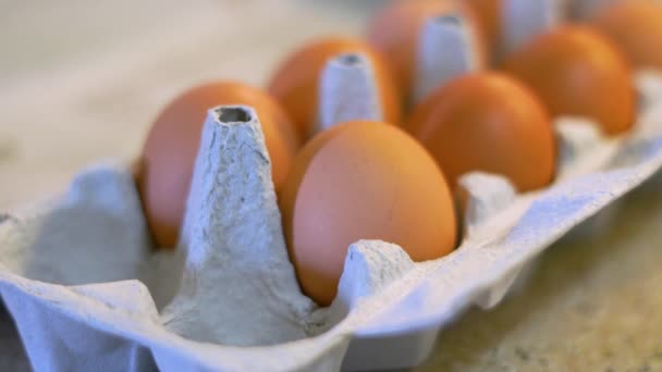Close Shot Grabbing Organic Brown Egg Carton Sitting Kitchen Counter — Stockvideo