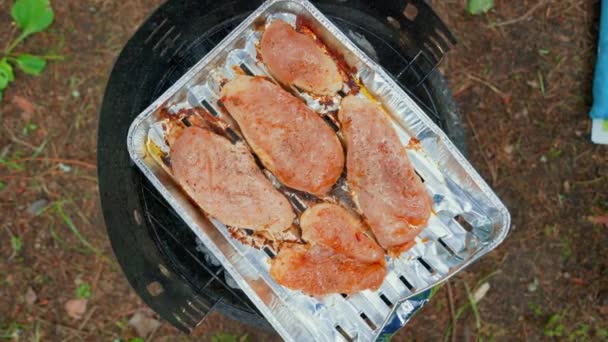 Garden Grill Overhead Top View Grilled Chicken Breasts Meat Spinning — Stock video