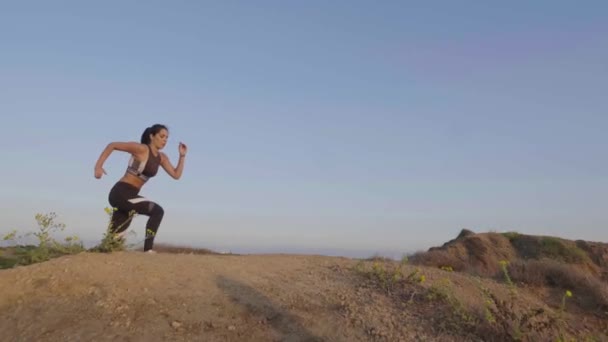 Long Haired Fit Female Jogger Running Top Hill Celebrating Success — Video Stock