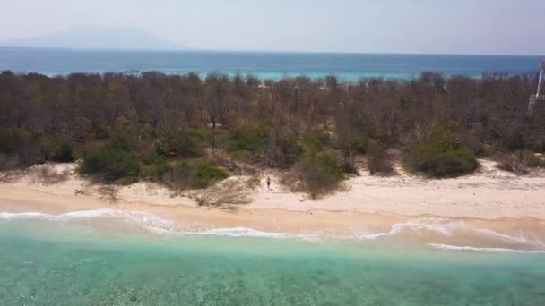 Solitary Man Sandy Beach Exotic Uninhabited Island Pull Back Aerial — 비디오