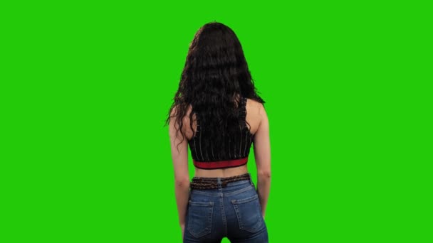 Slim Girl Long Curly Hair Turns Green Screen — Stock videók