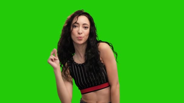 Cheerful Long Curly Haired Girl Dancing Green Screen Background — Αρχείο Βίντεο