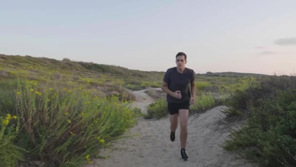 Track Shot Fitness Running Young Jogger Training Sandy Road Seaside — Vídeo de stock