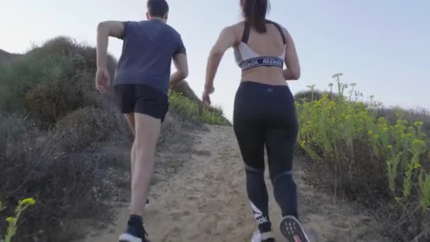 Attractive Fit Couple Run Hill Peak Seaside Celebrate Achieving Goal — Video Stock