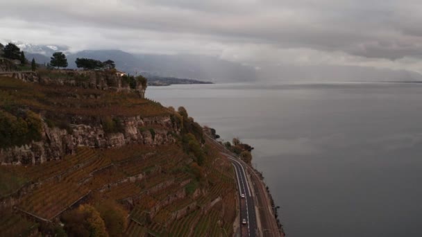 Flying Vineyards Swiss Mountains Revealing Small Town Lavaux Vinorama — Stockvideo