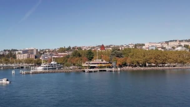 Aerial Dolly Lausanne Harbor Lake Geneva Switzerland — Video Stock