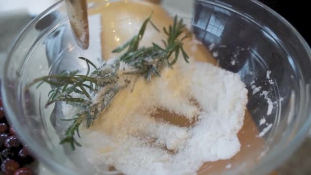 Slow Motion Wooden Spoon Stirring Mixing Fresh Green Rosemary White — Stock Video