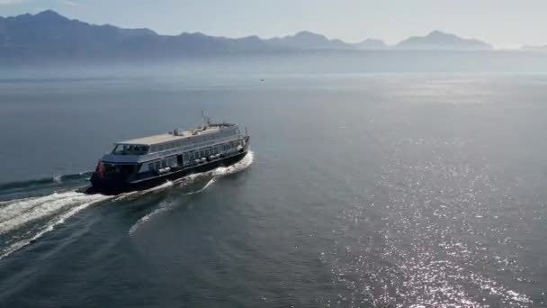Cinematic Aerial Swiss French Ferry Boat Lake Geneva — Stock video