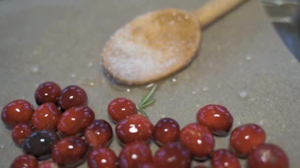 Slow Motion Macro Close Pan Fresh Red Cranberries White Sugar — Vídeo de Stock