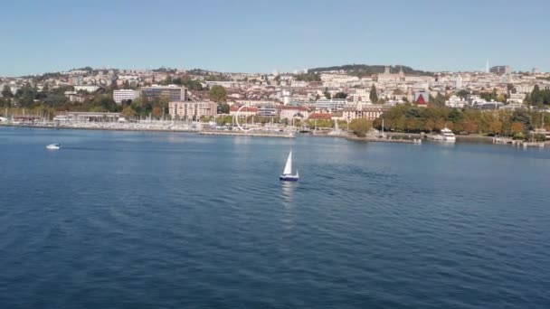 Drone Flying Sailboat Harbor Lausanne Switzerland — Video Stock